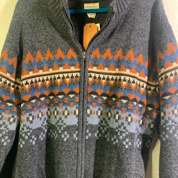 STETSON Sweater Cardigan Full Zip Mock Neck Western Navajo Cotton Wool NWT - Picture 5 of 14